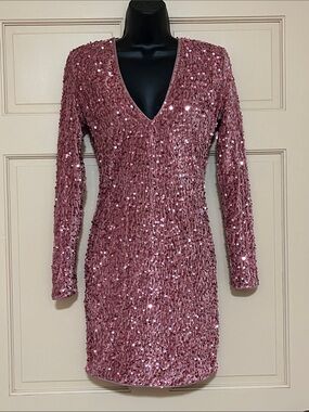 Rose Pink Sequin V-Neck Long Sleeve Party Dress